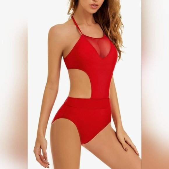 Lomitti Mesh Inset One Piece Monokini Swimsuit With Cut Outs In Red Size Small - Picture 1 of 9